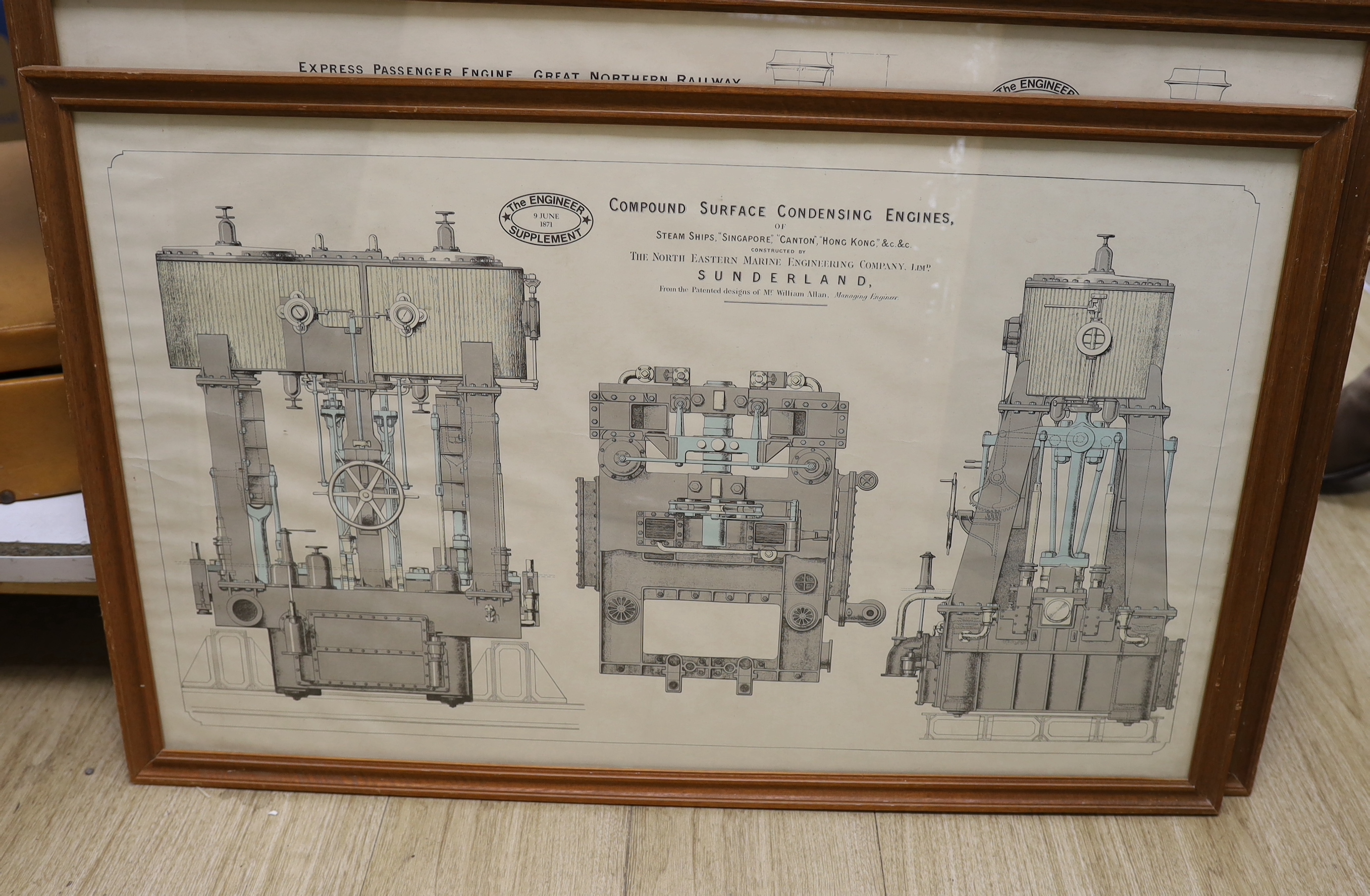 Five framed engineer’s drawings, printed supplements from The Engineer magazine, including; a Cornish Pumping Engine, North London Railway 4-wheel carriage, Sterling Single locomotive, etc. largest 58.5 x 85.5cm